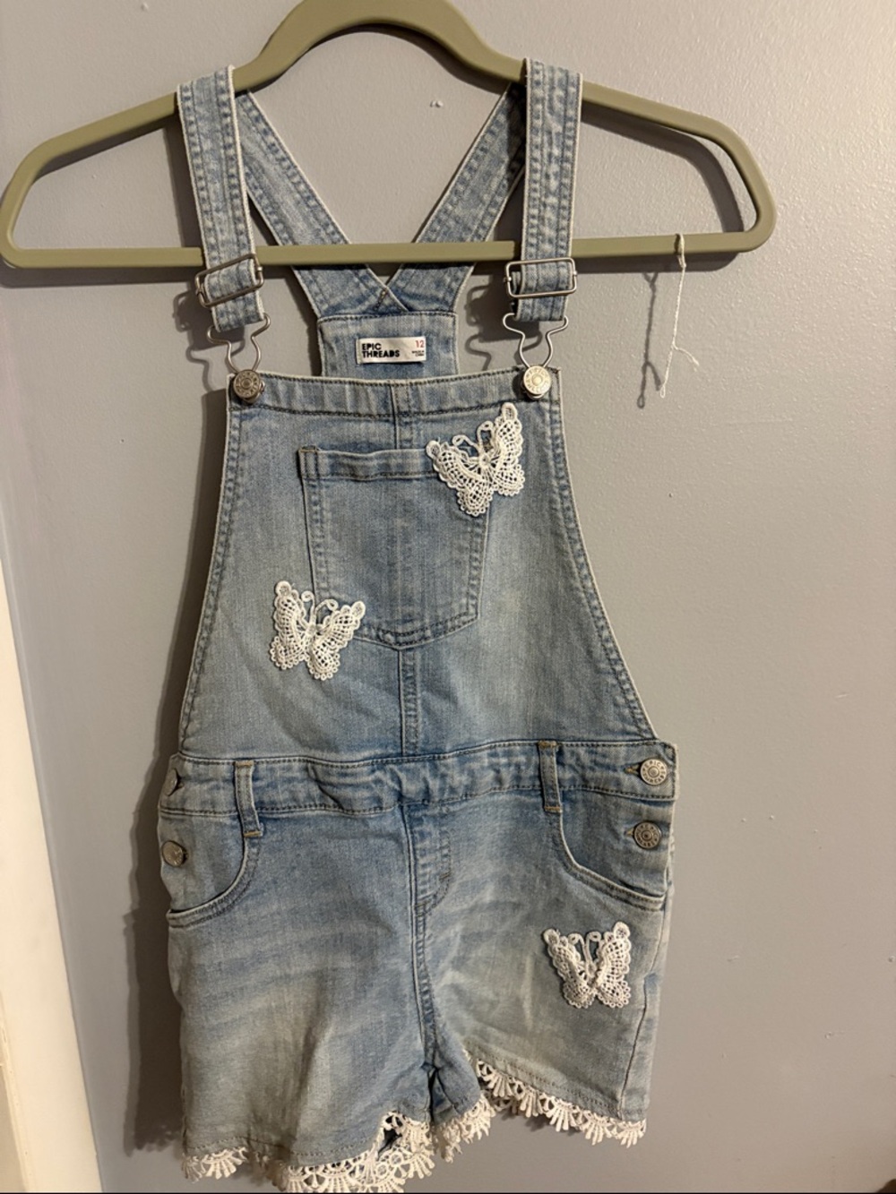 Sanrio Light Blue Denim Shortall Overalls with White Lace Butterflies